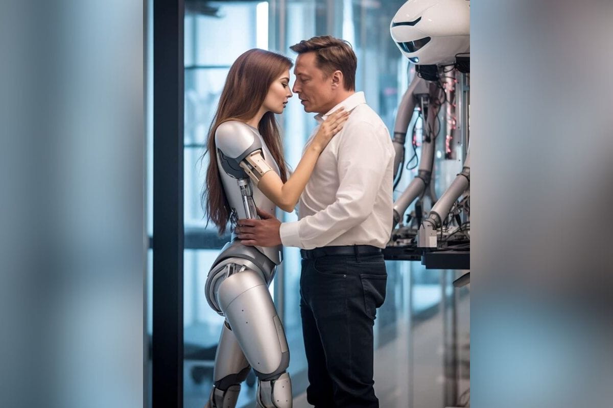 la fotografía viral que muestra a Elon Musk besando un robot (un androide con rostro de mujer); que se hizo viral en diversas plataformas.