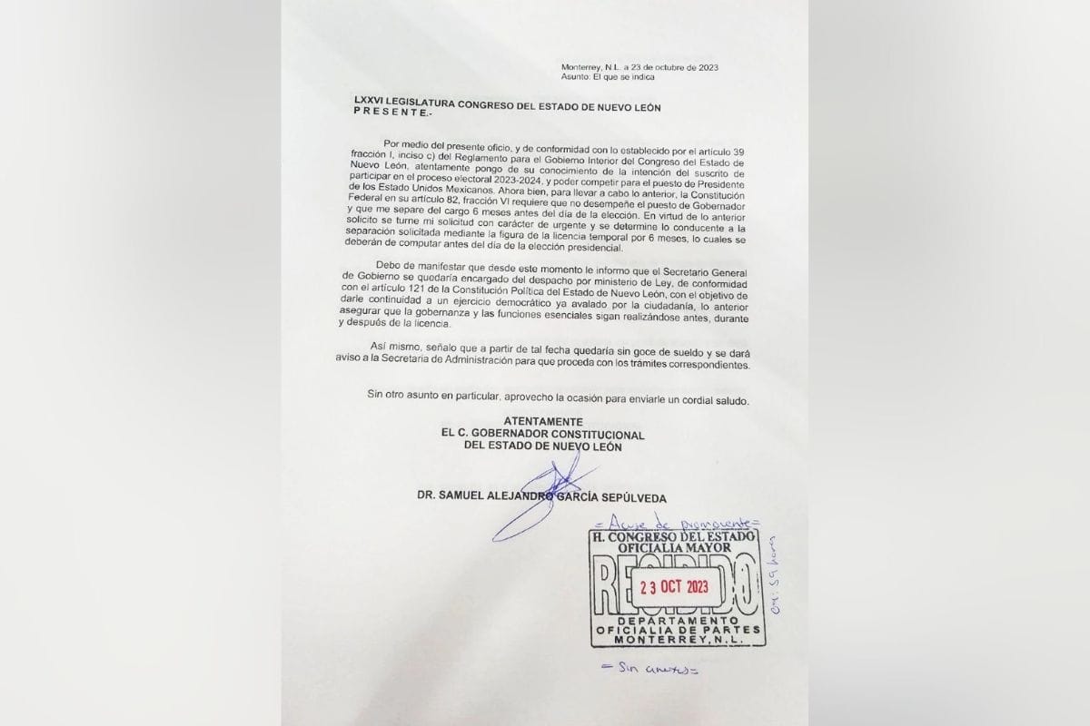 El gobernador de Nuevo León, Samuel García, presentó la mañana de este lunes 23 de octubre de 2023; una solicitud de licencia para separarse de su cargo